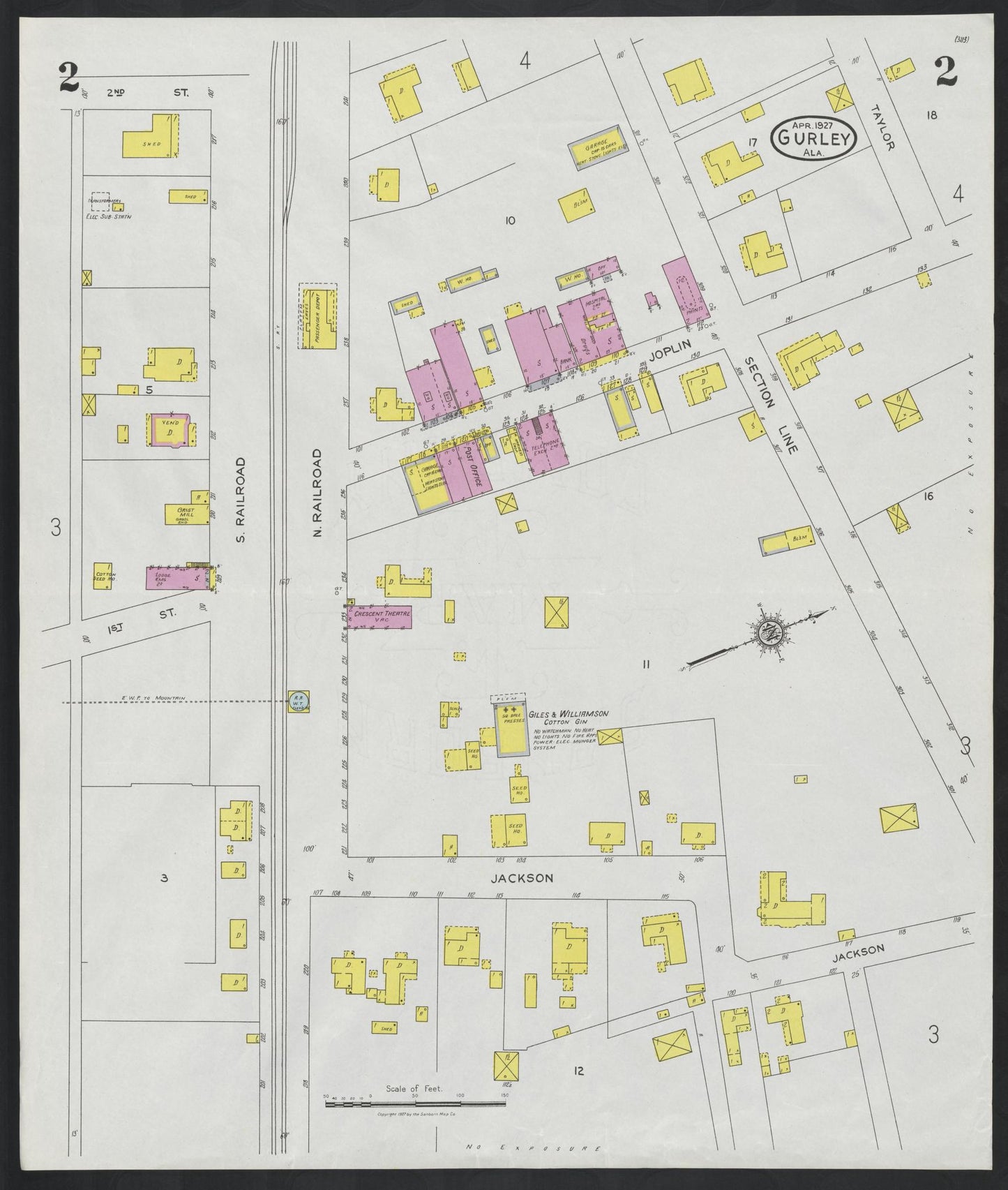 Sanborn Fire Insurance Map from Gurley, Madison County, Alabama (1927), Sheet #0002 - Historic Sanborn Fire Insurance Map Print, vintage old map wall art, antique decor, genealogy gift, Alabama Alabama map