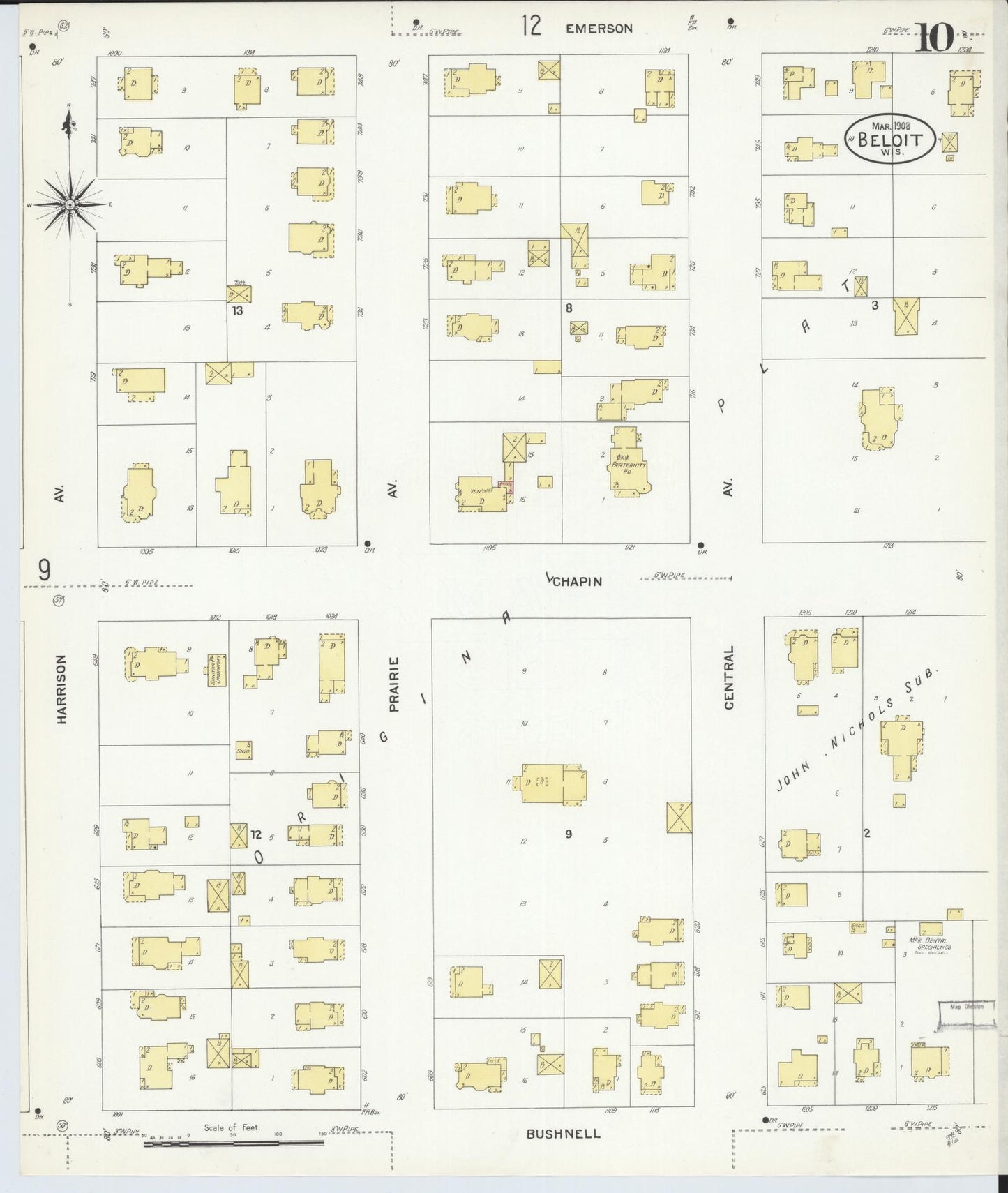 Sanborn Fire Insurance Map from Beloit, Rock County, Wisconsin (1908), Sheet #0010 - Historic Sanborn Fire Insurance Map Print, vintage old map wall art, antique decor, genealogy gift, Wisconsin Wisconsin map