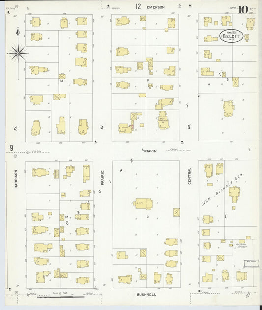 Sanborn Fire Insurance Map from Beloit, Rock County, Wisconsin (1908), Sheet #0010 - Historic Sanborn Fire Insurance Map Print, vintage old map wall art, antique decor, genealogy gift, Wisconsin Wisconsin map