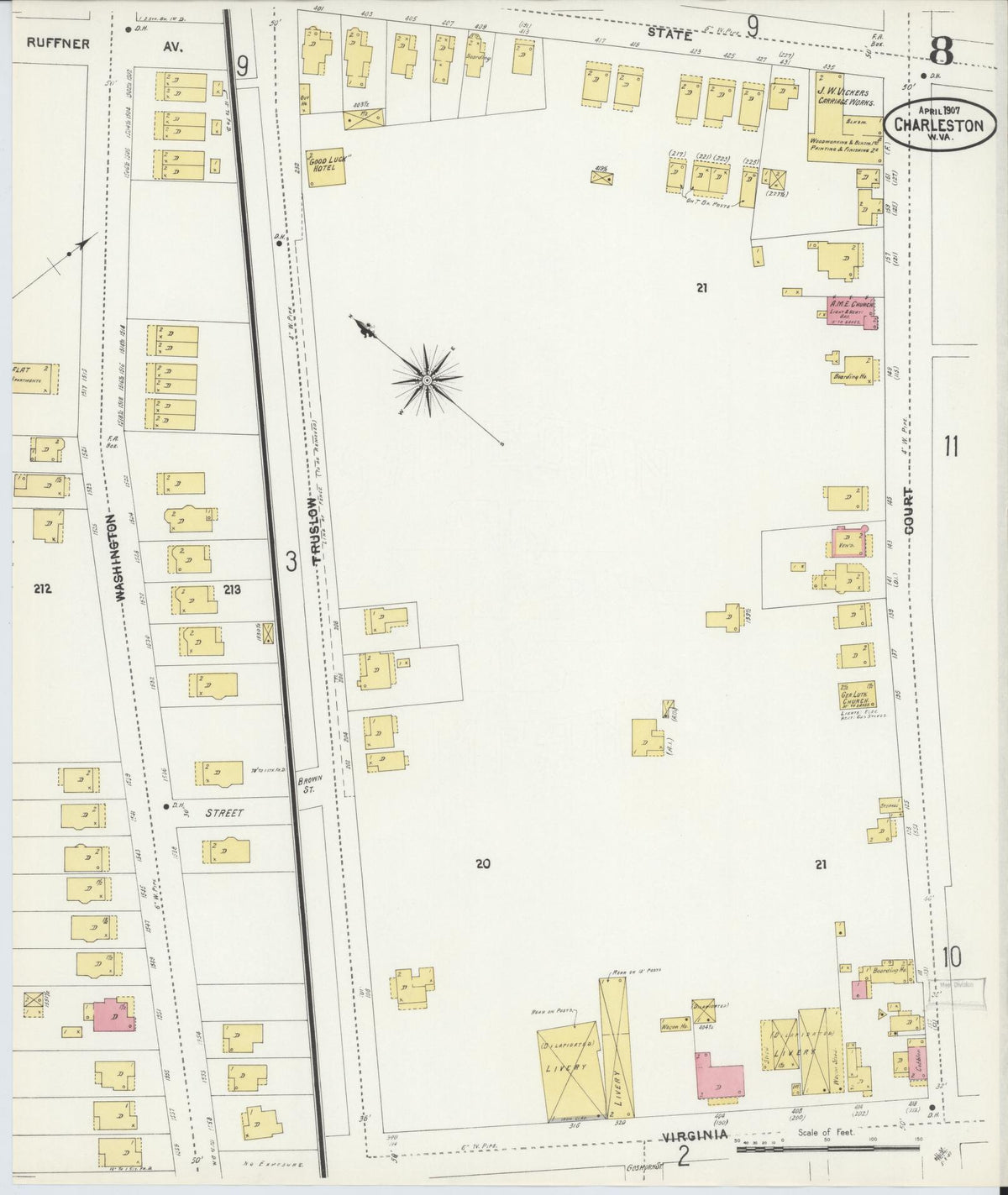Sanborn Fire Insurance Map from Charleston, Kanawha County, West Virginia (1907), Sheet #0008 - Complete Map Set gallery image, historic Sanborn map, vintage wall art, West Virginia West Virginia