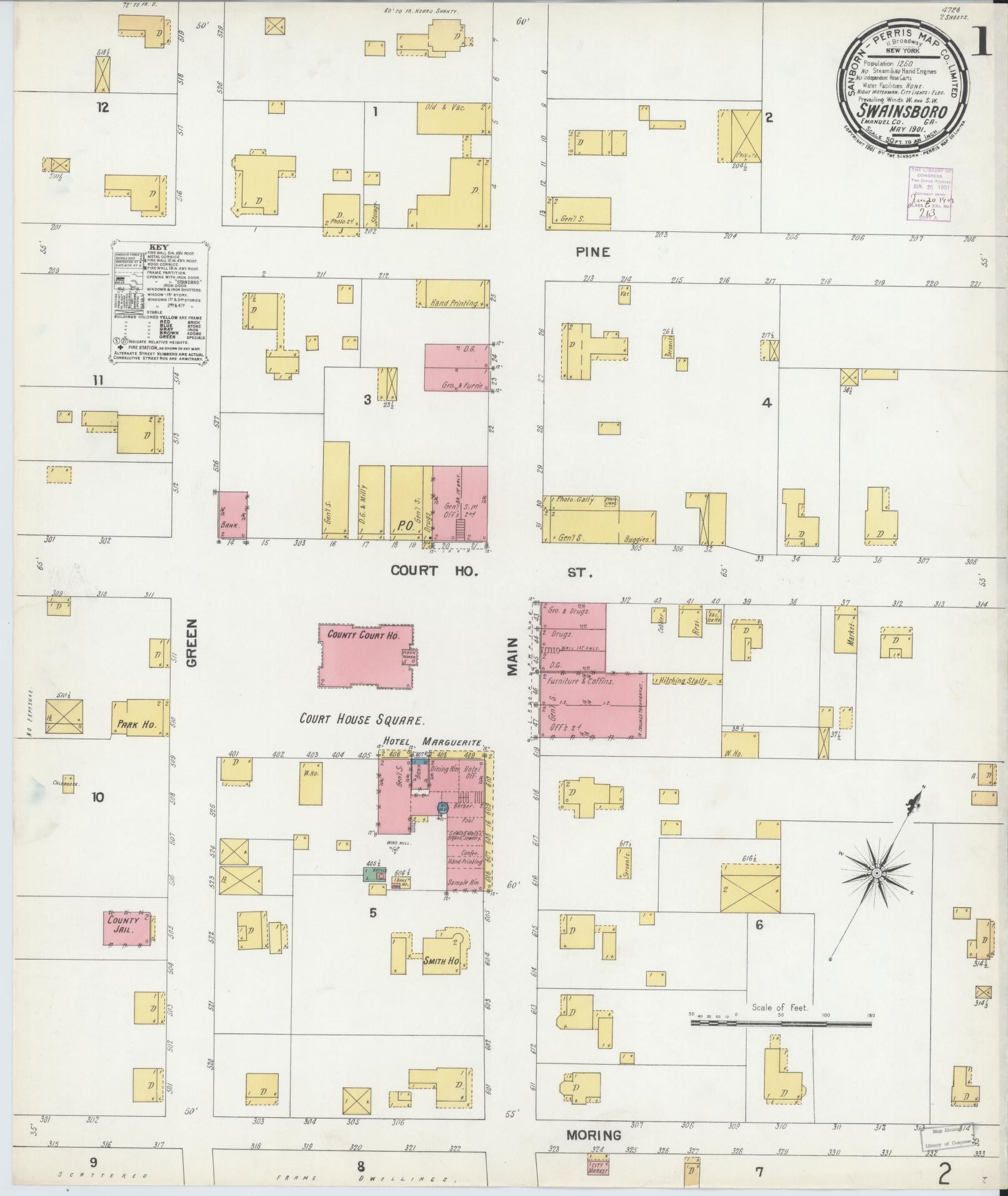 Sanborn Fire Insurance Map from Swainsboro, Emanuel County, Georgia (1901), Sheet #0001 - Historic Sanborn Fire Insurance Map Print, vintage old map wall art, antique decor, genealogy gift, Georgia Georgia map