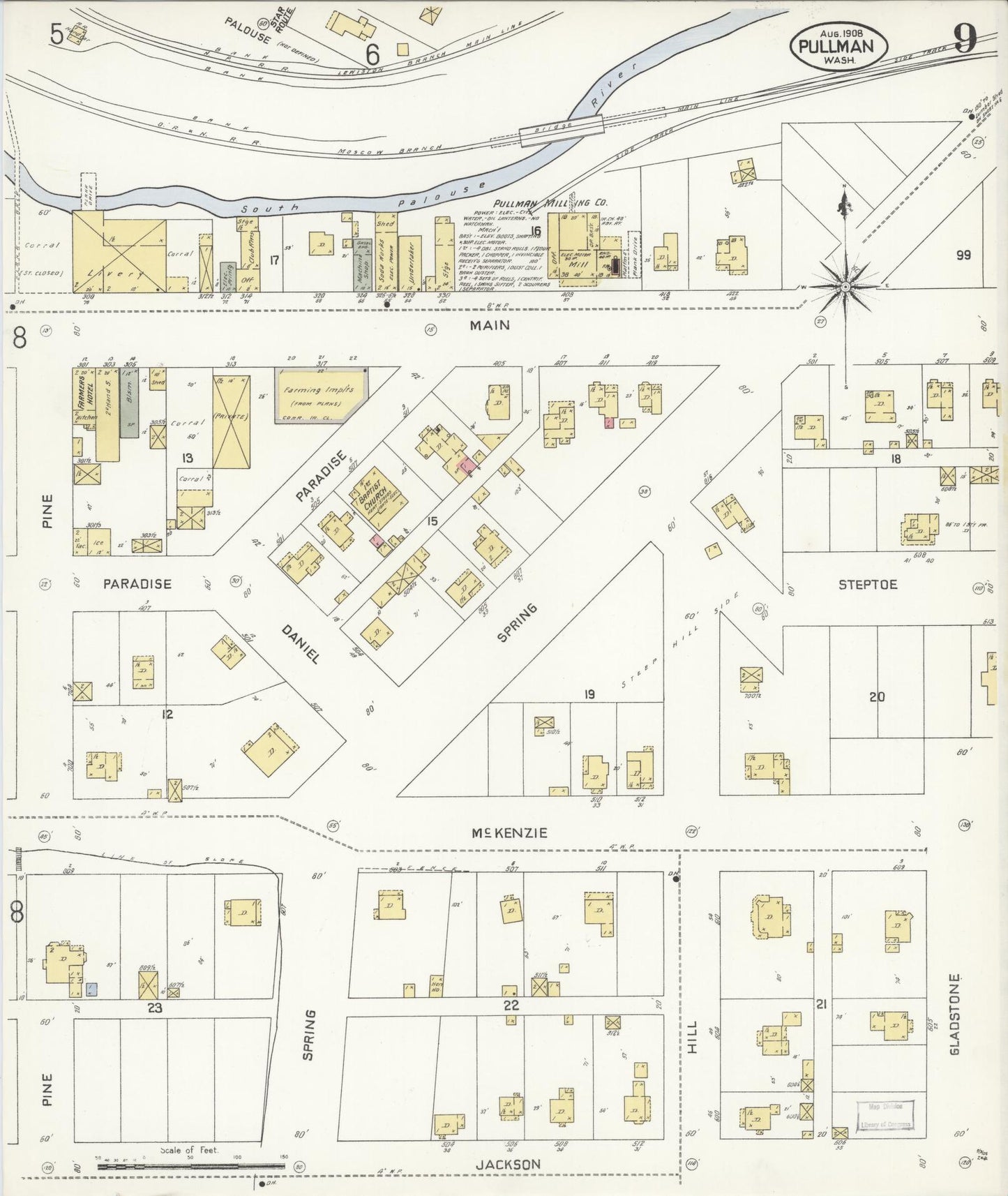 Sanborn Fire Insurance Map from Pullman, Whitman County, Washington (1908), Sheet #0009 - Complete Map Set gallery image, historic Sanborn map, vintage wall art, Washington Washington