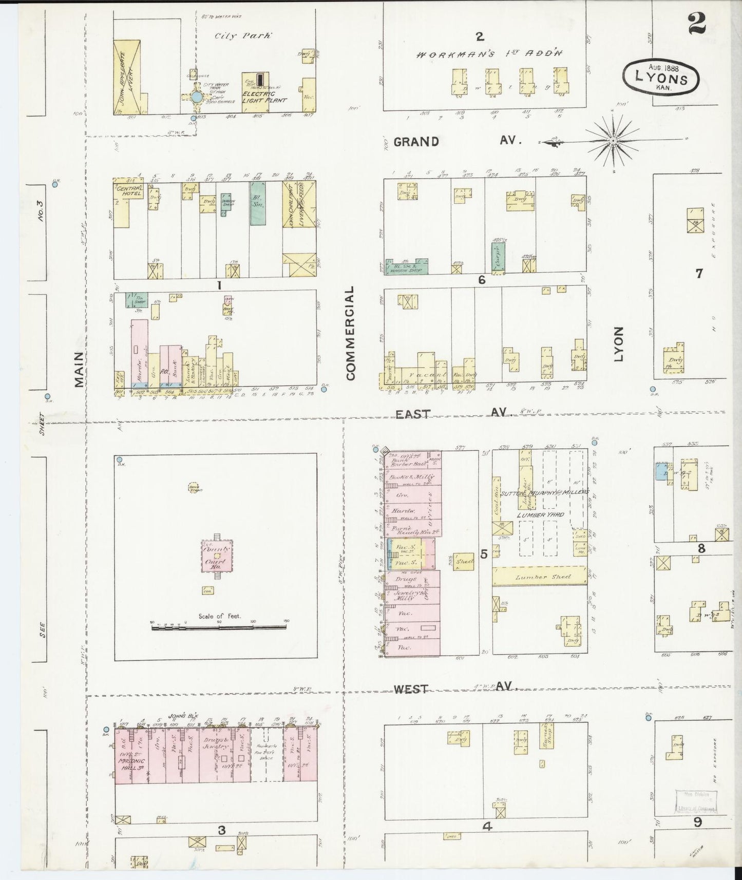 Sanborn Fire Insurance Map from Lyons, Rice County, Kansas (1888), Sheet #0002 - Complete Map Set gallery image, historic Sanborn map, vintage wall art, Kansas Kansas