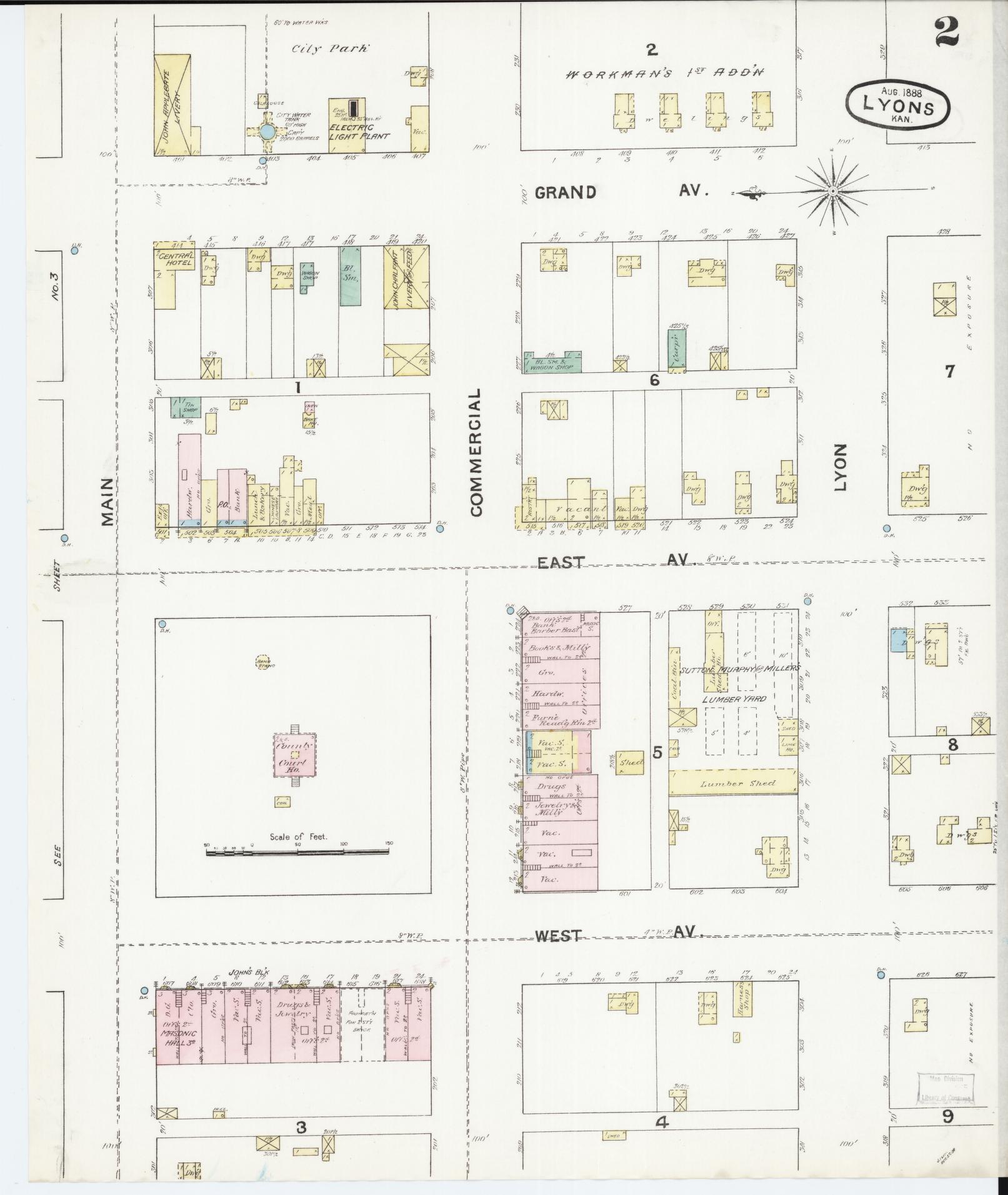 Sanborn Fire Insurance Map from Lyons, Rice County, Kansas (1888), Sheet #0002 - Complete Map Set gallery image, historic Sanborn map, vintage wall art, Kansas Kansas