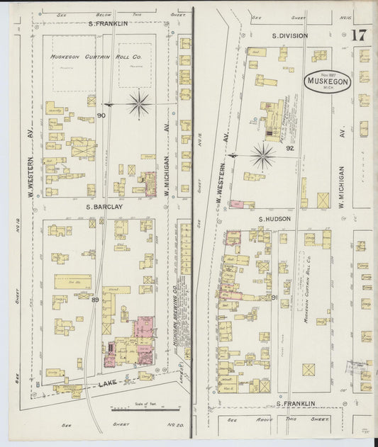 Sanborn Fire Insurance Map from Muskegon, Muskegon County, Michigan (1887), Sheet #0017 - Historic Sanborn Fire Insurance Map Print, vintage old map wall art, antique decor, genealogy gift, Michigan Michigan map