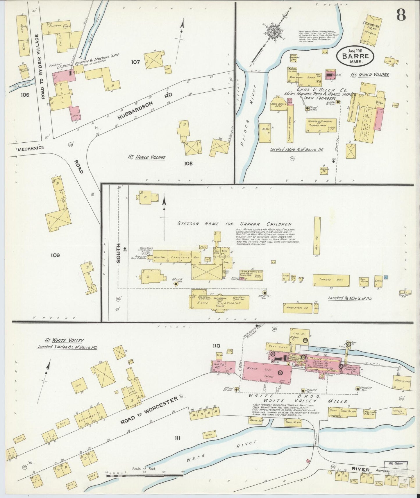 Sanborn Fire Insurance Map from Barre, Worcester County, Massachusetts (1911), Sheet #0008 - Historic Sanborn Fire Insurance Map Print, vintage old map wall art, antique decor, genealogy gift, Massachusetts Massachusetts map