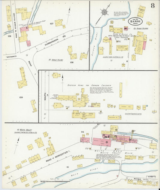 Sanborn Fire Insurance Map from Barre, Worcester County, Massachusetts (1911), Sheet #0008 - Historic Sanborn Fire Insurance Map Print, vintage old map wall art, antique decor, genealogy gift, Massachusetts Massachusetts map