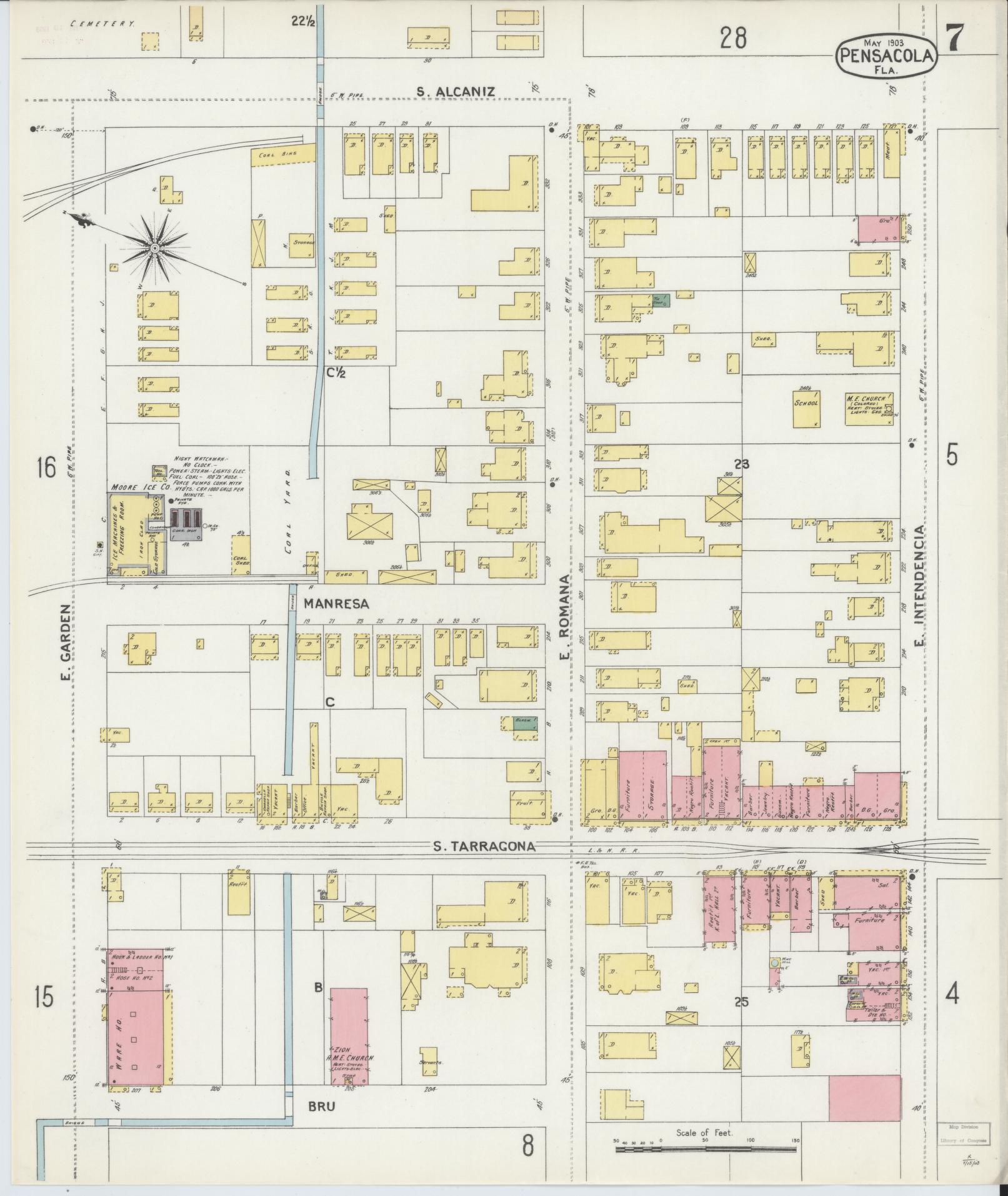 Sanborn Fire Insurance Map from Pensacola, Escambia County, Florida (1903), Sheet #0007 - Complete Map Set gallery image, historic Sanborn map, vintage wall art, Florida Florida