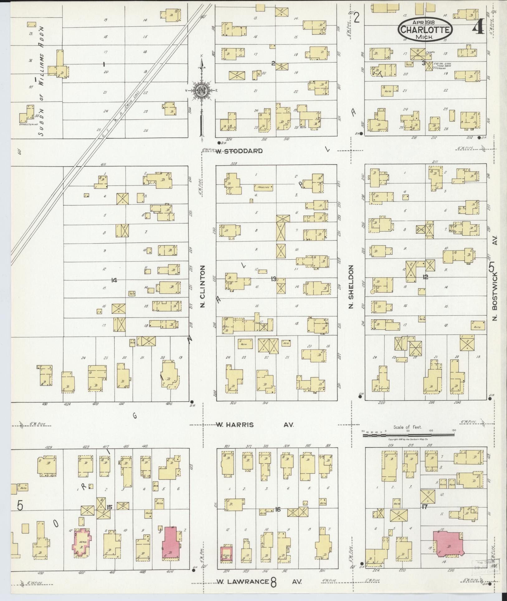 Sanborn Fire Insurance Map from Charlotte, Eaton County, Michigan (1918), Sheet #0004 - Complete Map Set gallery image, historic Sanborn map, vintage wall art, Michigan Michigan
