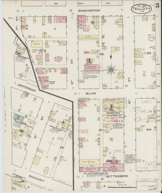Sanborn Fire Insurance Map from Tell City, Perry County, Indiana (1886), Sheet #0003 - Historic Sanborn Fire Insurance Map Print, vintage old map wall art, antique decor, genealogy gift, Indiana Indiana map