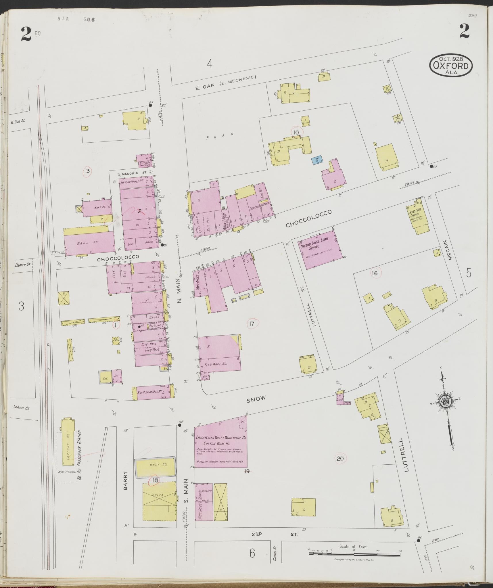 Sanborn Fire Insurance Map from Oxford, Calhoun County, Alabama (1928), Sheet #0002 - Historic Sanborn Fire Insurance Map Print, vintage old map wall art, antique decor, genealogy gift, Alabama Alabama map