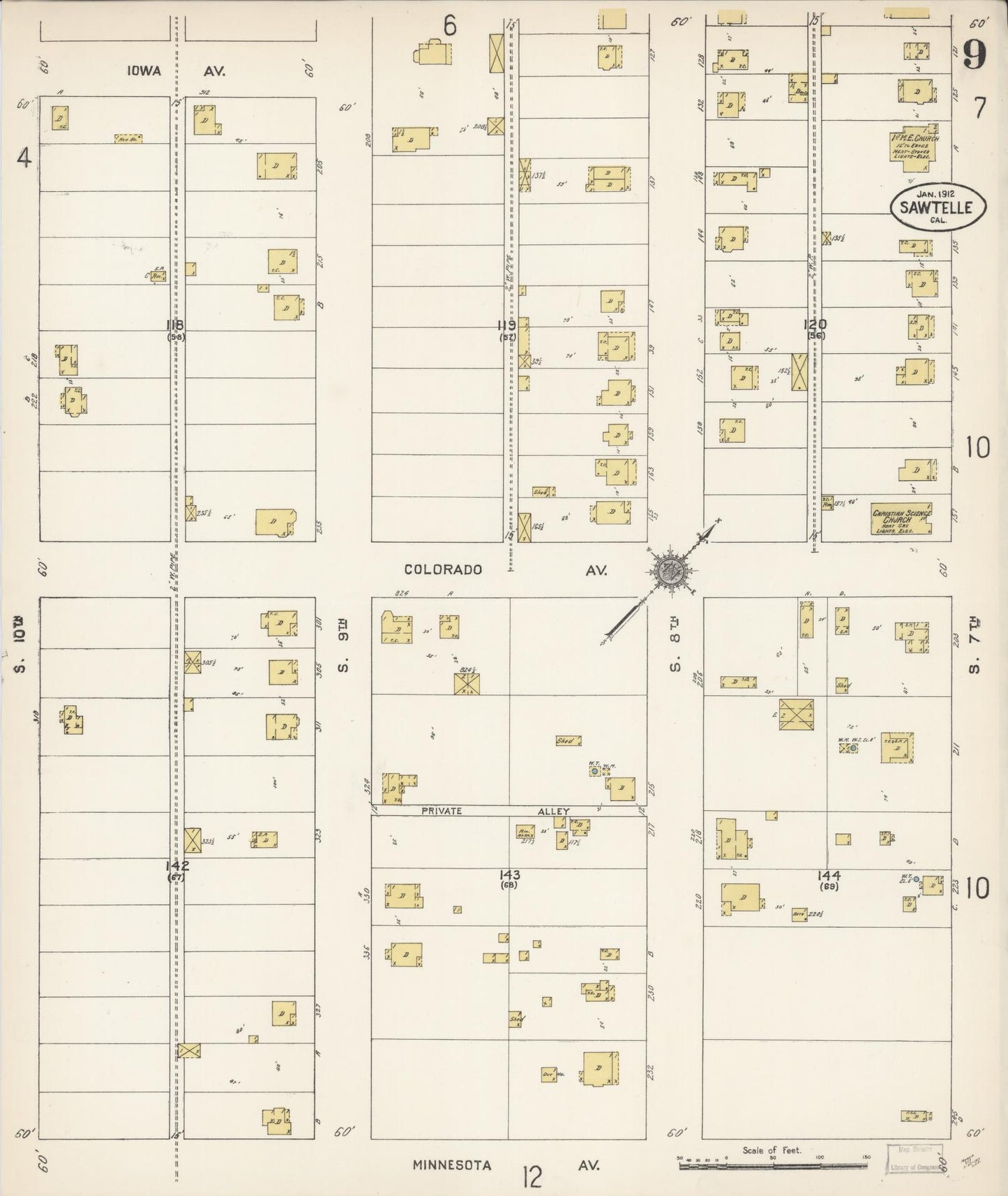 Sanborn Fire Insurance Map from Sawtelle, Los Angeles County, California (1912), Sheet #0009 - Complete Map Set gallery image, historic Sanborn map, vintage wall art, California California