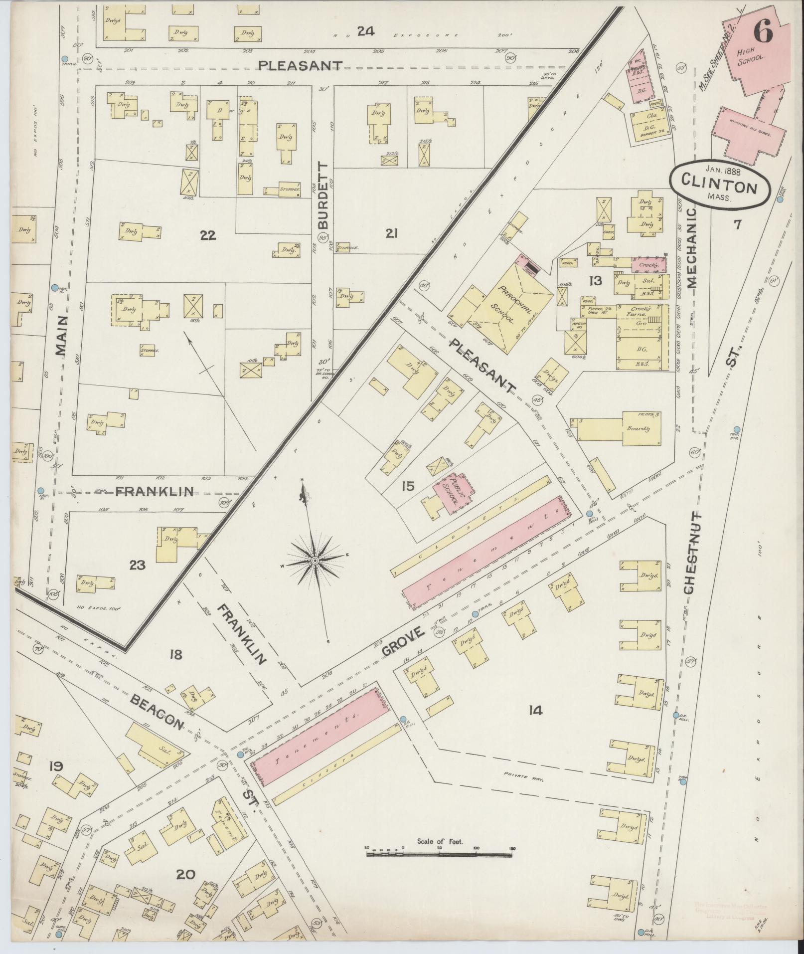 Sanborn Fire Insurance Map from Clinton, Worcester County, Massachusetts (1888), Sheet #0006 - Complete Map Set gallery image, historic Sanborn map, vintage wall art, Massachusetts Massachusetts