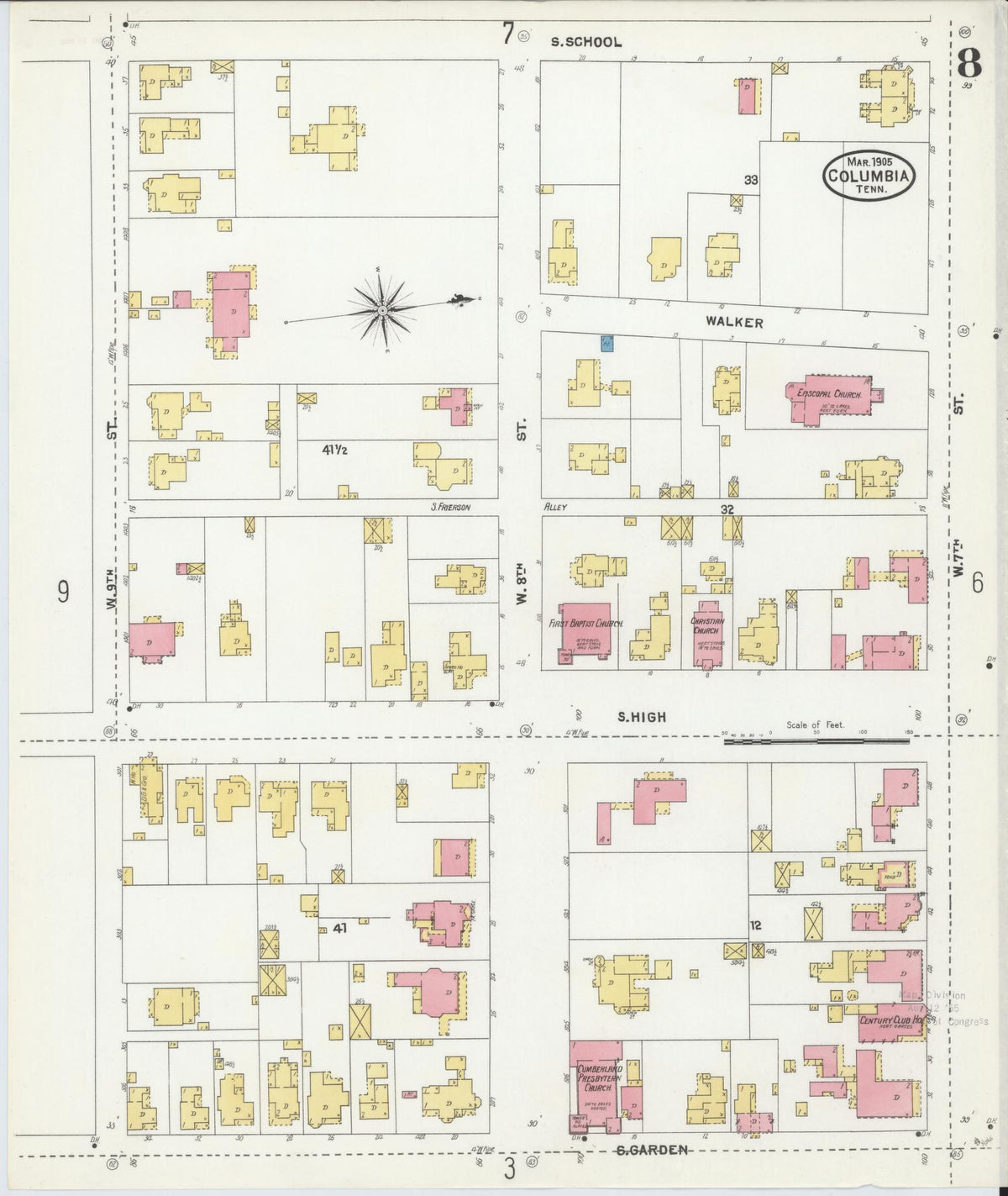 Sanborn Fire Insurance Map from Columbia, Maury County, Tennessee (1905), Sheet #0008 - Complete Map Set gallery image, historic Sanborn map, vintage wall art, Tennessee Tennessee
