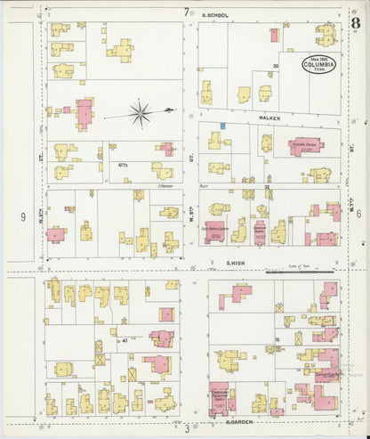 Sanborn Fire Insurance Map from Columbia, Maury County, Tennessee (1905), Sheet #0008 - Complete Map Set gallery image, historic Sanborn map, vintage wall art, Tennessee Tennessee