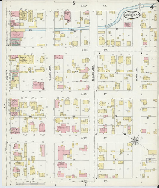 Sanborn Fire Insurance Map from Louisiana, Pike County, Missouri (1896), Sheet #0004 - Historic Sanborn Fire Insurance Map Print, vintage old map wall art, antique decor, genealogy gift, Missouri Missouri map