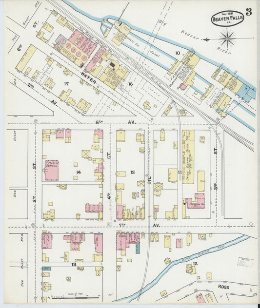 Sanborn Fire Insurance Map from Beaver Falls, Beaver County, Pennsylvania (1891), Sheet #0003 - Historic Sanborn Fire Insurance Map Print, vintage old map wall art, antique decor, genealogy gift, Pennsylvania Pennsylvania map