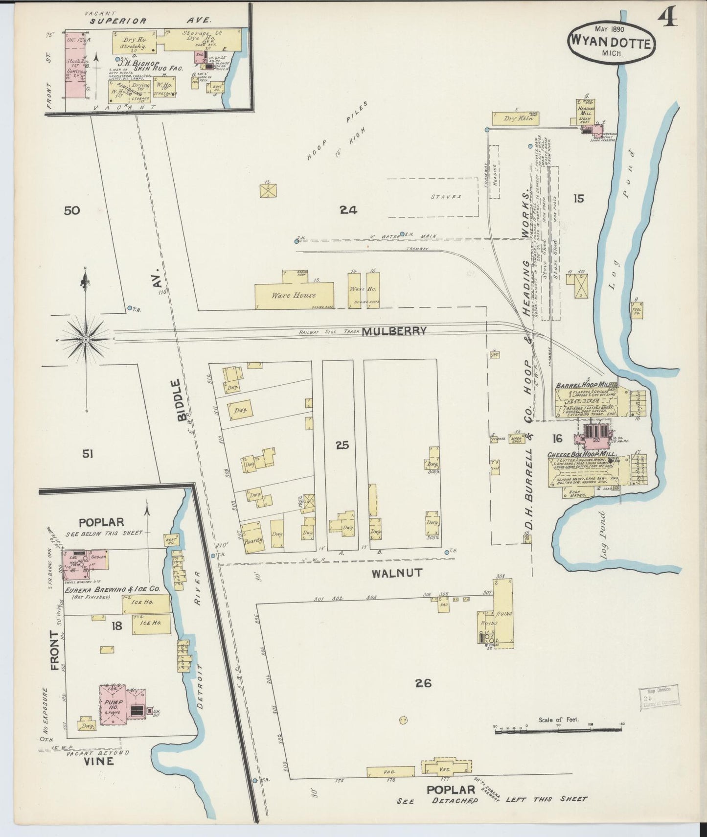 Sanborn Fire Insurance Map from Wyandotte, Wayne County, Michigan (1890), Sheet #0004 - Historic Sanborn Fire Insurance Map Print, vintage old map wall art, antique decor, genealogy gift, Michigan Michigan map