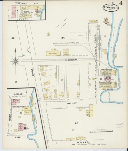 Sanborn Fire Insurance Map from Wyandotte, Wayne County, Michigan (1890), Sheet #0004 - Historic Sanborn Fire Insurance Map Print, vintage old map wall art, antique decor, genealogy gift, Michigan Michigan map