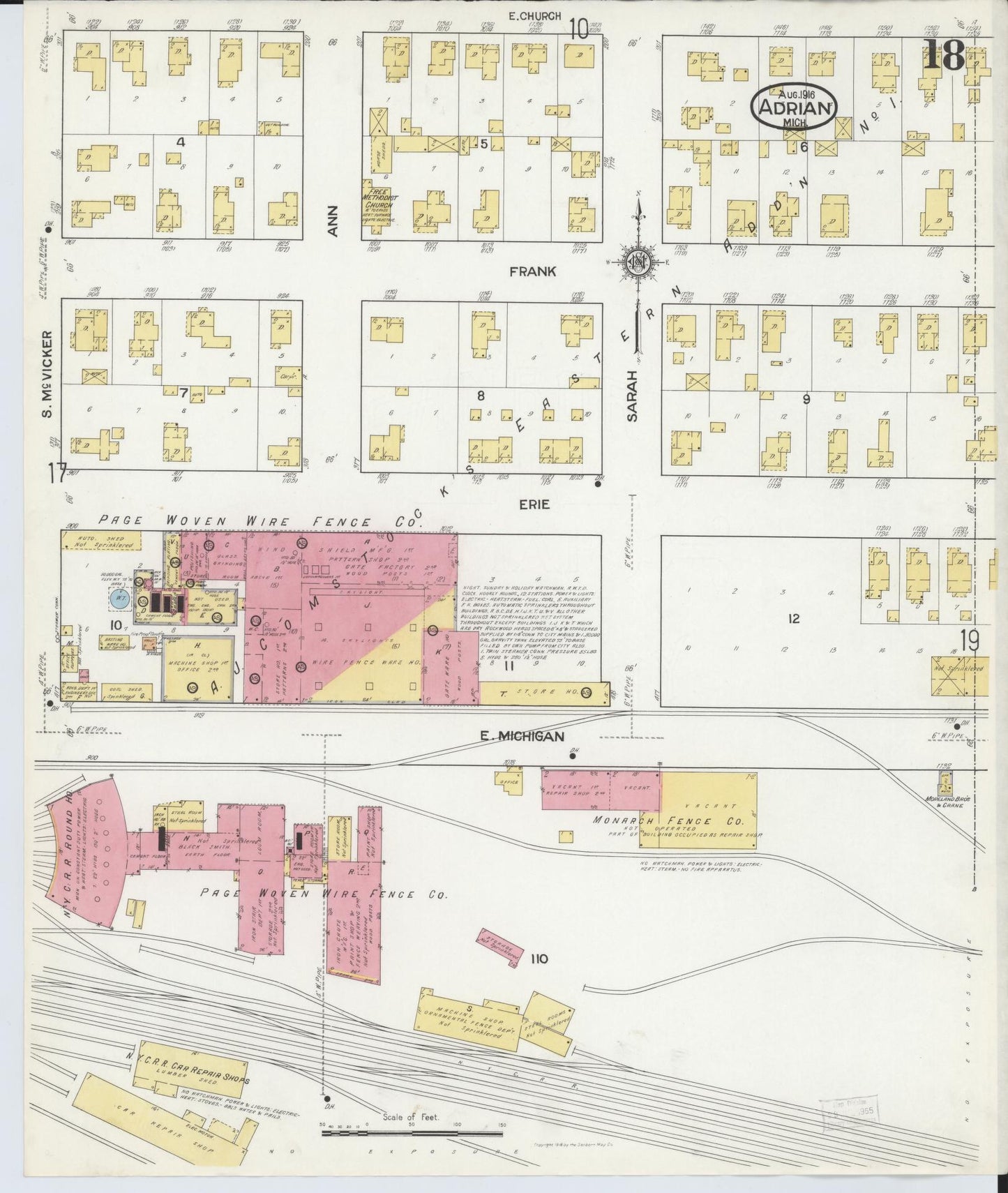 Sanborn Fire Insurance Map from Adrian, Lenawee County, Michigan (1916), Sheet #0018 - Complete Map Set gallery image, historic Sanborn map, vintage wall art, Michigan Michigan