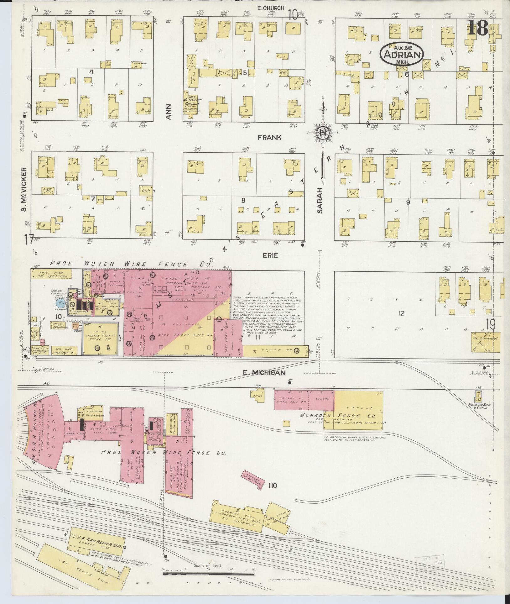 Sanborn Fire Insurance Map from Adrian, Lenawee County, Michigan (1916), Sheet #0018 - Complete Map Set gallery image, historic Sanborn map, vintage wall art, Michigan Michigan