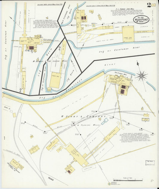 Sanborn Fire Insurance Map from Moss Point, Jackson County, Mississippi (1909), Sheet #0002 - Historic Sanborn Fire Insurance Map Print, vintage old map wall art, antique decor, genealogy gift, Mississippi Mississippi map