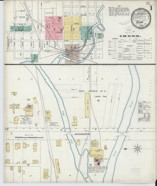 Sanborn Fire Insurance Map from Alma, Gratiot County, Michigan (1896), Sheet #0001 - Complete Map Set gallery image, historic Sanborn map, vintage wall art, Michigan Michigan
