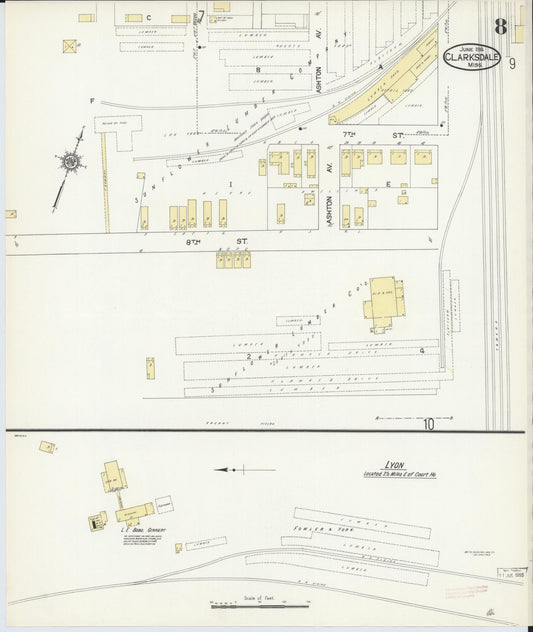 Sanborn Fire Insurance Map from Clarksdale, Coahoma County, Mississippi (1914), Sheet #0008 - Historic Sanborn Fire Insurance Map Print, vintage old map wall art, antique decor, genealogy gift, Mississippi Mississippi map