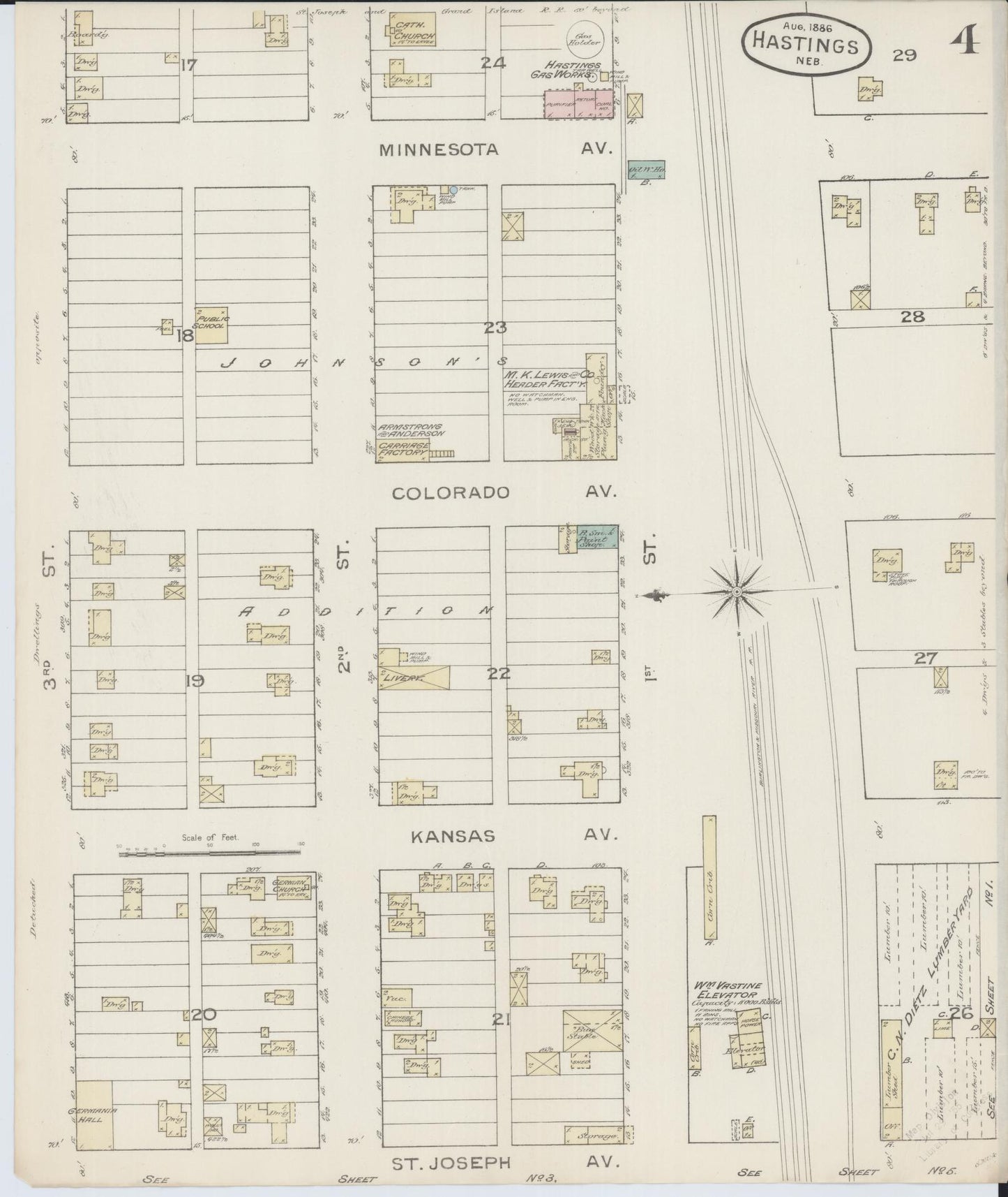 Sanborn Fire Insurance Map from Hastings, Adams County, Nebraska (1886), Sheet #0004 - Historic Sanborn Fire Insurance Map Print, vintage old map wall art, antique decor, genealogy gift, Nebraska Nebraska map