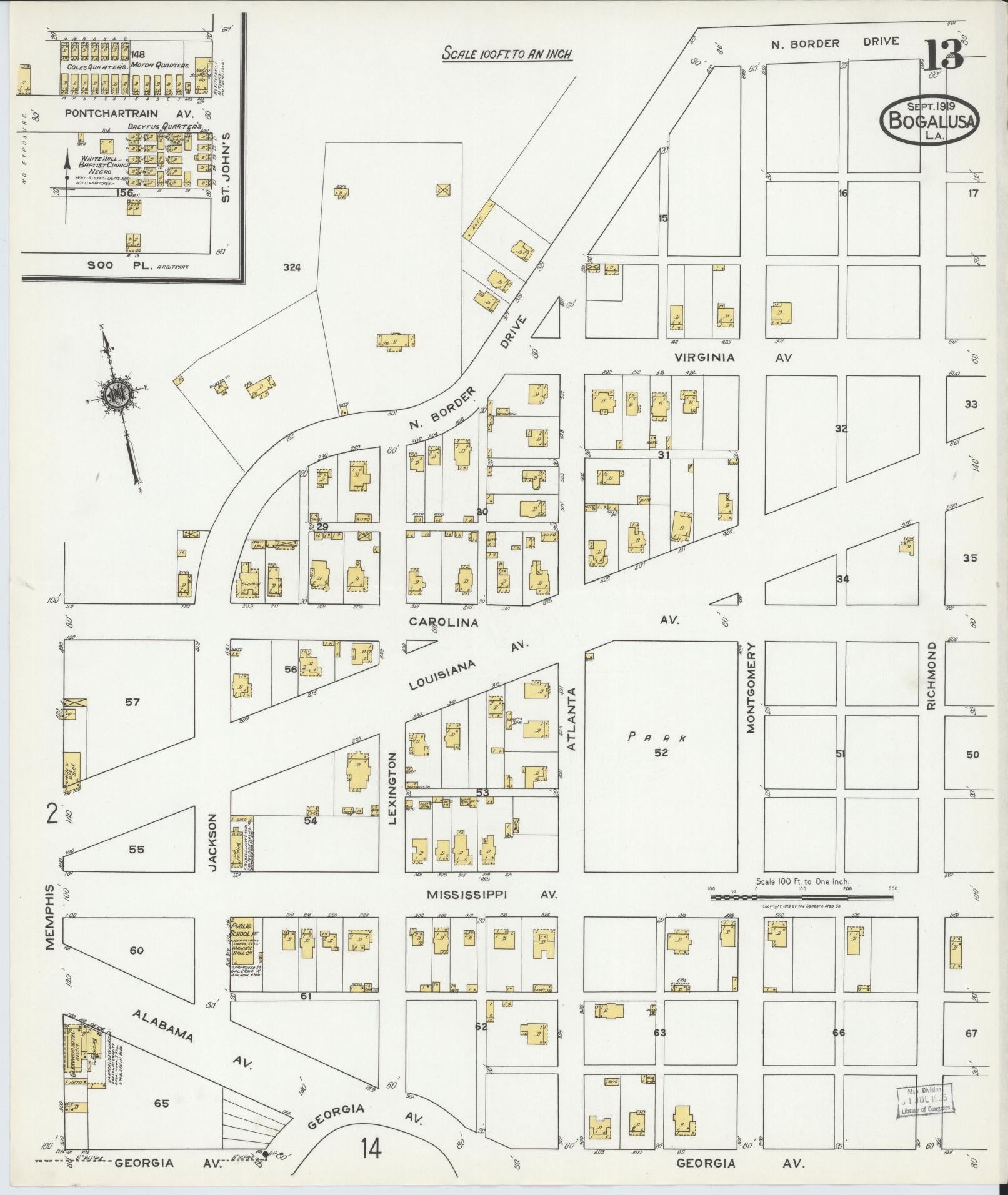 Sanborn Fire Insurance Map from Bogalusa, Washington Parish, Louisiana (1919), Sheet #0013 - Historic Sanborn Fire Insurance Map Print, vintage old map wall art, antique decor, genealogy gift, Louisiana Louisiana map