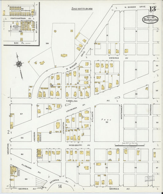 Sanborn Fire Insurance Map from Bogalusa, Washington Parish, Louisiana (1919), Sheet #0013 - Historic Sanborn Fire Insurance Map Print, vintage old map wall art, antique decor, genealogy gift, Louisiana Louisiana map
