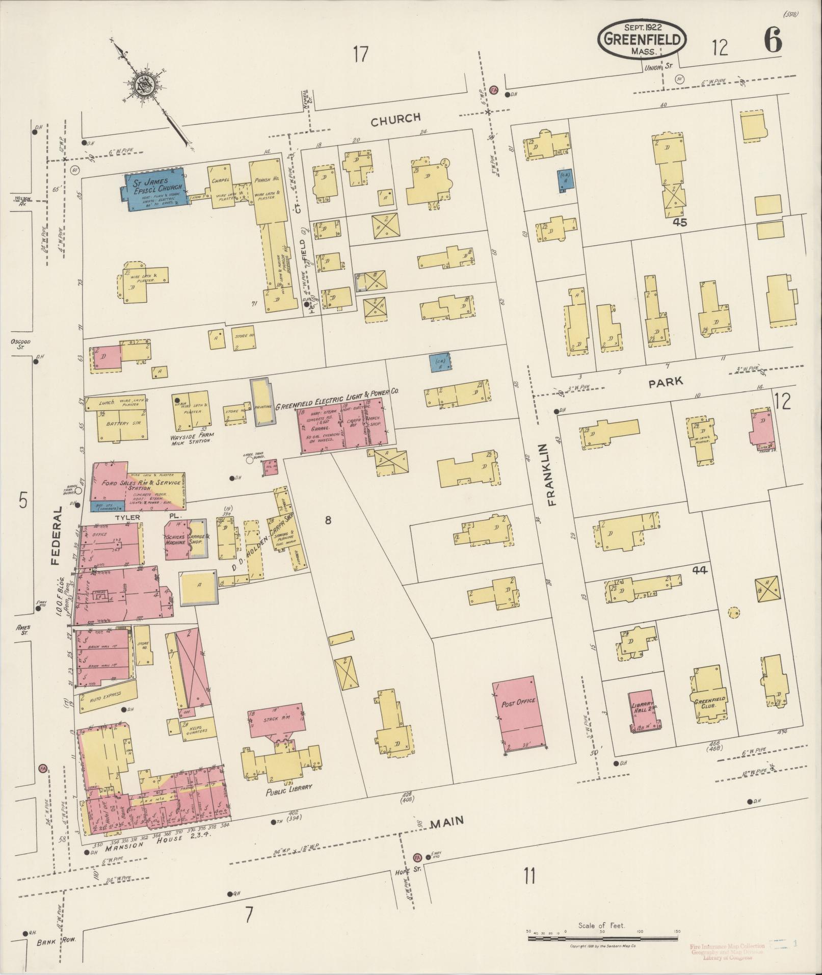 Sanborn Fire Insurance Map from Greenfield, Franklin County, Massachusetts (1922), Sheet #0006 - Complete Map Set gallery image, historic Sanborn map, vintage wall art, Massachusetts Massachusetts