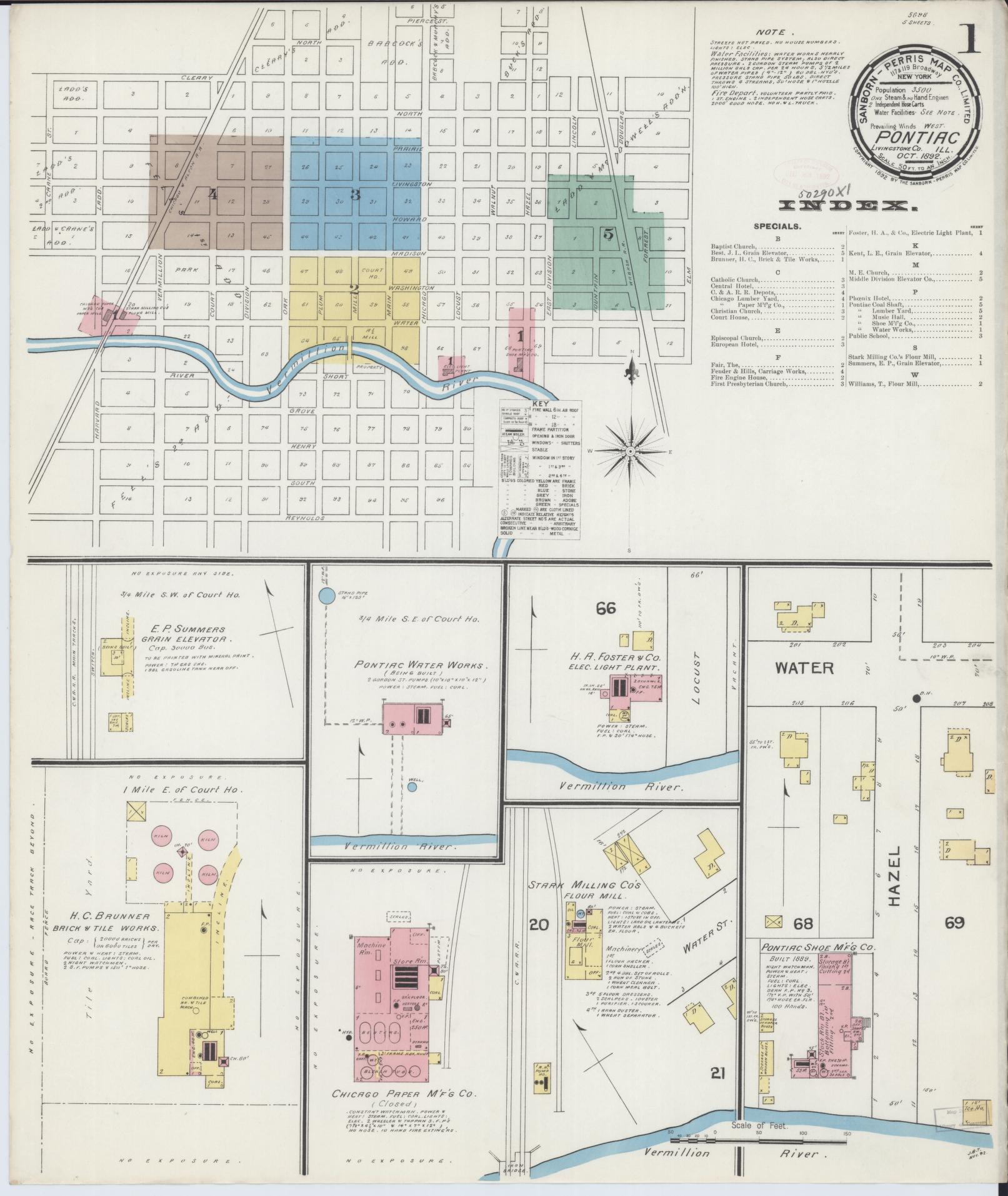 Sanborn Fire Insurance Map from Pontiac, Livingston County, Illinois (1892), Sheet #0001 - Historic Sanborn Fire Insurance Map Print, vintage old map wall art, antique decor, genealogy gift, Illinois Illinois map