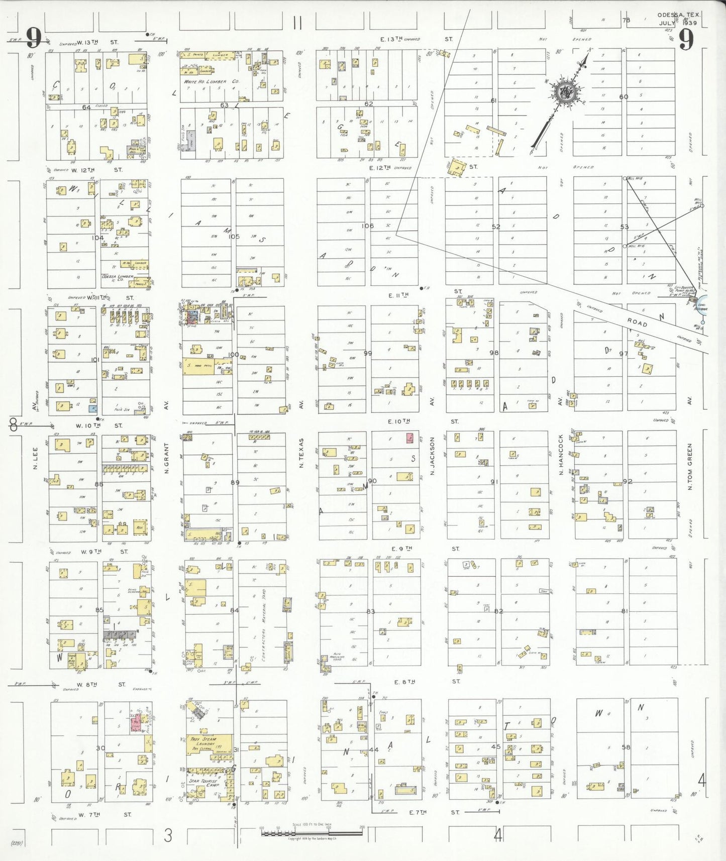 Sanborn Fire Insurance Map from Odessa, Edger County, Texas (1939), Sheet #0009 - Historic Sanborn Fire Insurance Map Print, vintage old map wall art, antique decor, genealogy gift, Texas Texas map
