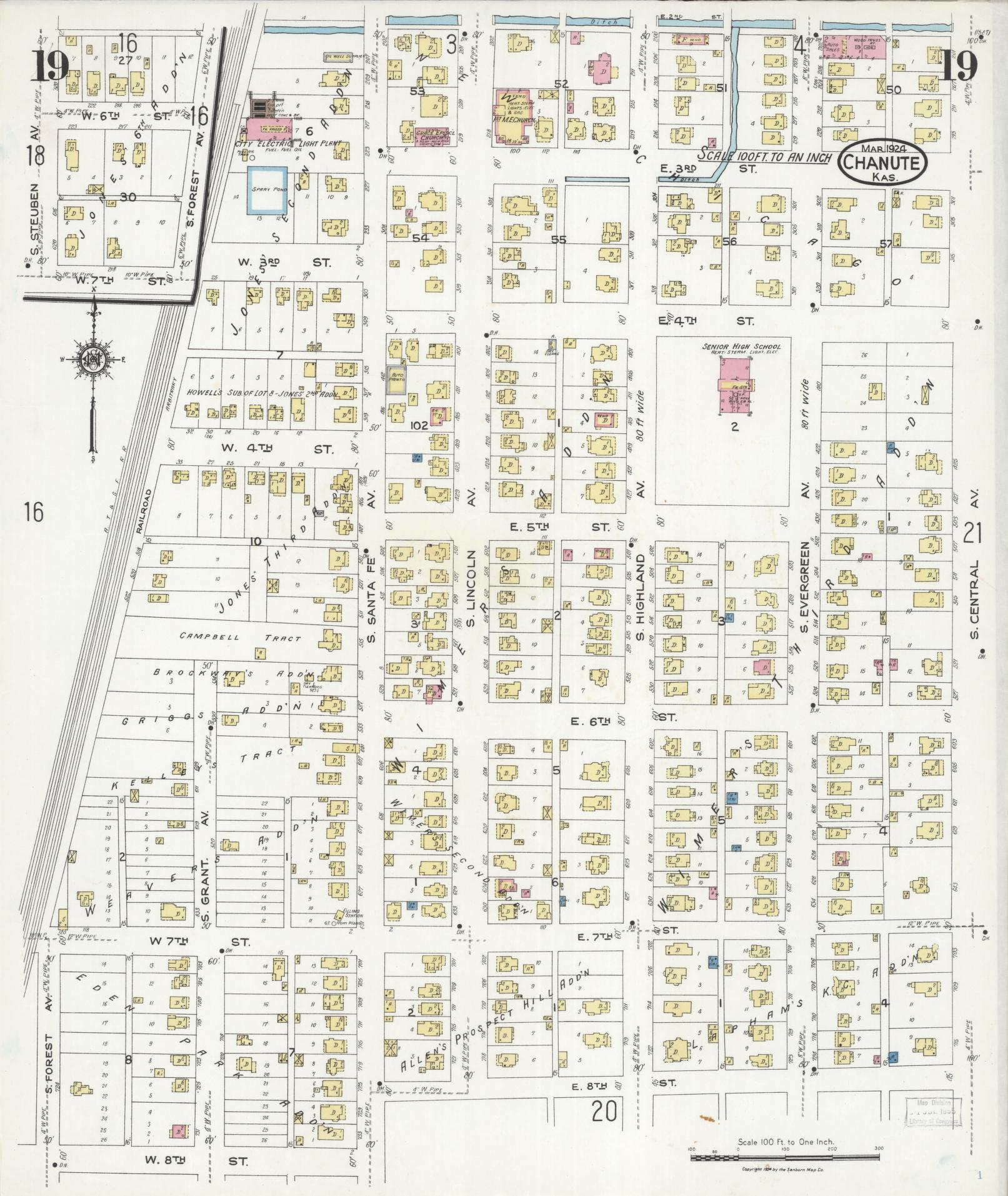 Sanborn Fire Insurance Map from Chanute, Neosho County, Kansas (1924), Sheet #0019 - Historic Sanborn Fire Insurance Map Print, vintage old map wall art, antique decor, genealogy gift, Kansas Kansas map