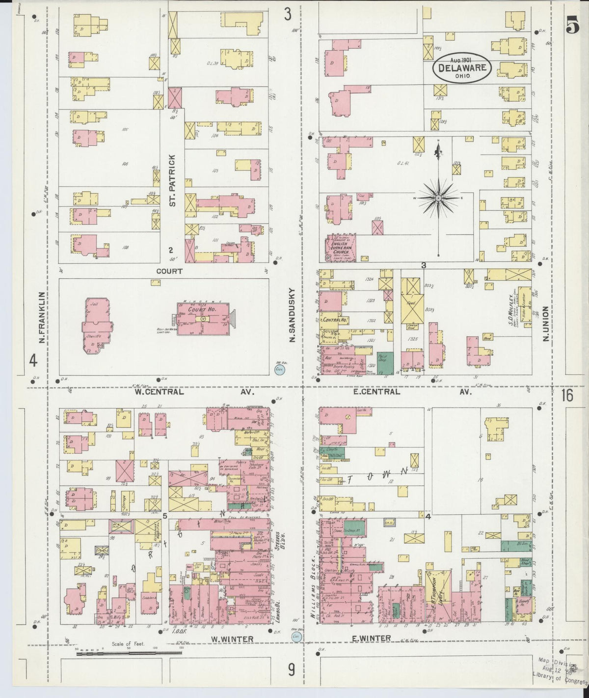 Sanborn Fire Insurance Map from Delaware, Delaware County, Ohio (1901), Sheet #0005 - Complete Map Set gallery image, historic Sanborn map, vintage wall art, Sanborn Fire Insurance Map from Delaware Delaware