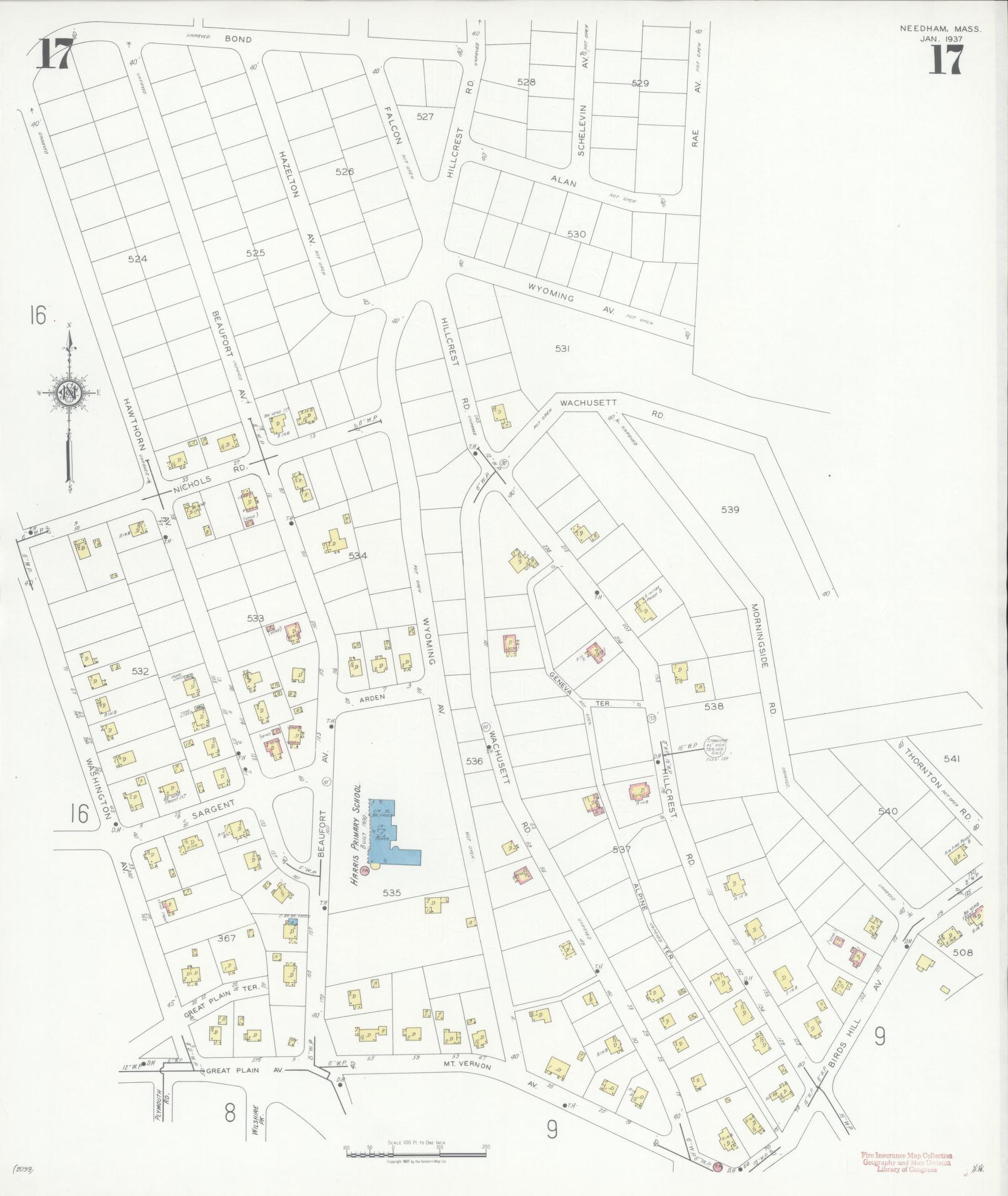 Sanborn Fire Insurance Map from Needham, Norfolk County, Massachusetts (1937), Sheet #0017 - Historic Sanborn Fire Insurance Map Print, vintage old map wall art, antique decor, genealogy gift, Massachusetts Massachusetts map
