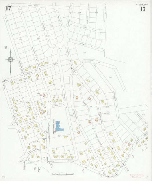 Sanborn Fire Insurance Map from Needham, Norfolk County, Massachusetts (1937), Sheet #0017 - Historic Sanborn Fire Insurance Map Print, vintage old map wall art, antique decor, genealogy gift, Massachusetts Massachusetts map