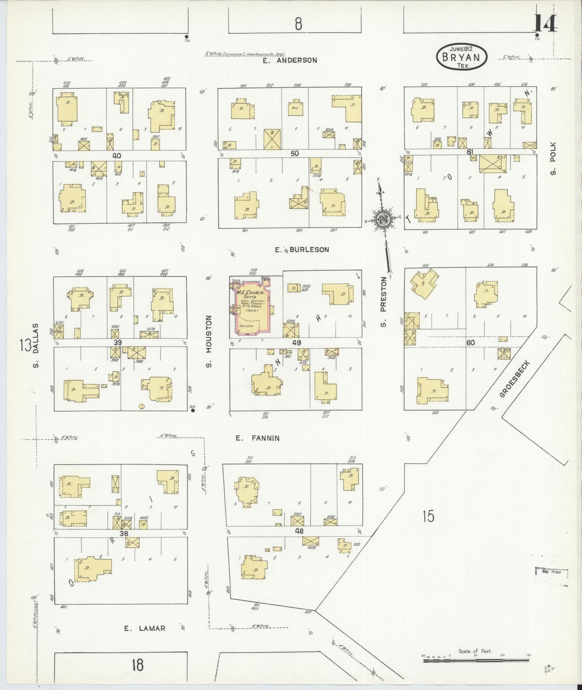 Sanborn Fire Insurance Map from Bryan, Brazos County, Texas (1912), Sheet #0014 - Complete Map Set gallery image, historic Sanborn map, vintage wall art, Texas Texas