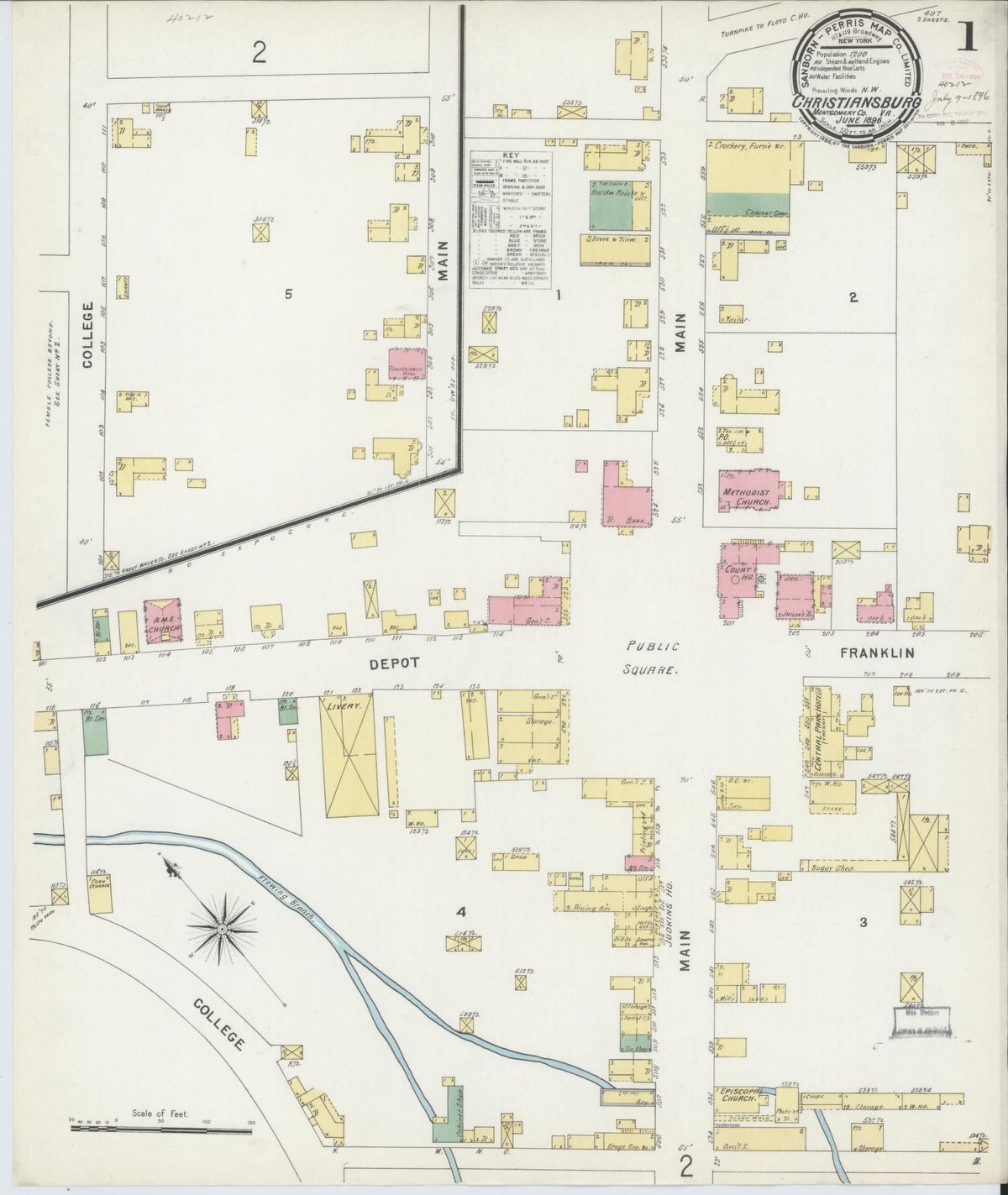 Sanborn Fire Insurance Map from Christiansburg, Montgomery County, Virginia (1896), Sheet #0001 - Complete Map Set gallery image, historic Sanborn map, vintage wall art, Virginia Virginia