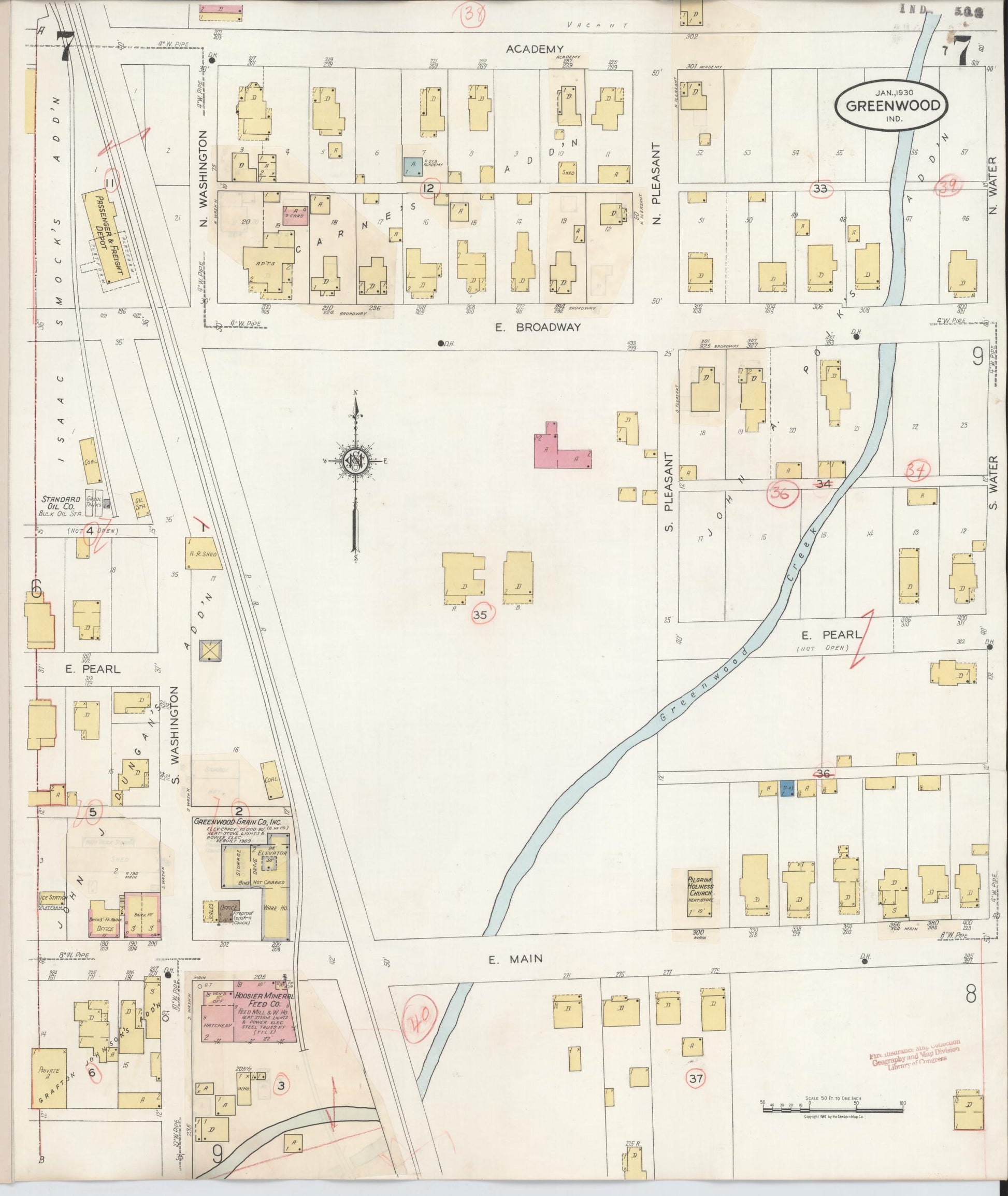 Sanborn Fire Insurance Map from Greenwood, Johnson County, Indiana (1940), Sheet #0007 - Complete Map Set gallery image, historic Sanborn map, vintage wall art, Indiana Indiana