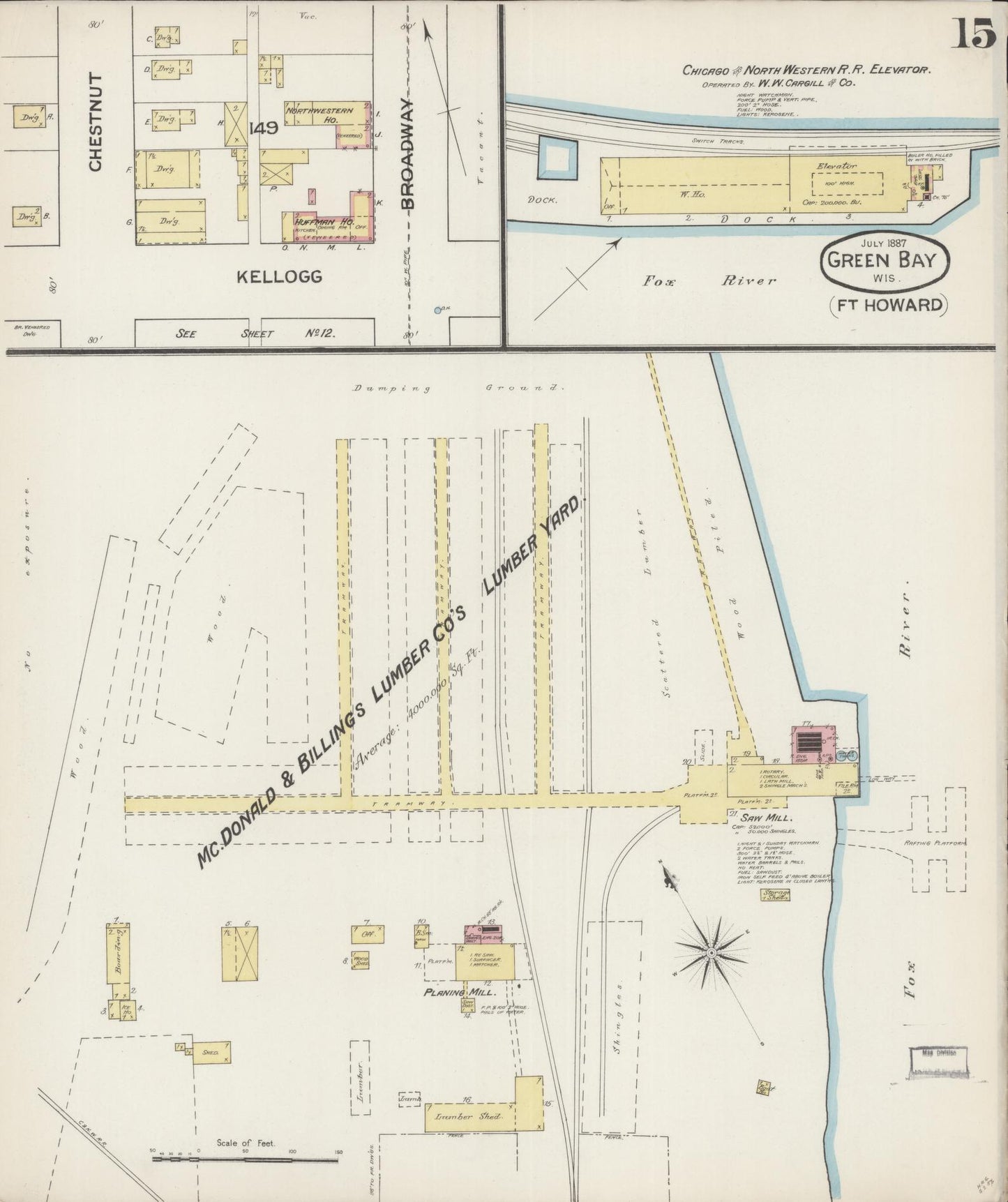 Sanborn Fire Insurance Map from Green Bay, Brown County, Wisconsin (1887), Sheet #0015 - Historic Sanborn Fire Insurance Map Print, vintage old map wall art, antique decor, genealogy gift, Wisconsin Wisconsin map
