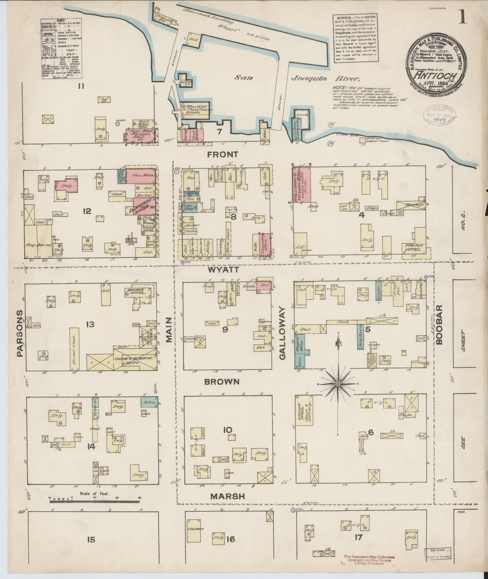 Sanborn Fire Insurance Map from Antioch, Contra Costa County, California (1884), Sheet #0001 - Historic Sanborn Fire Insurance Map Print, vintage old map wall art, antique decor, genealogy gift, California California map