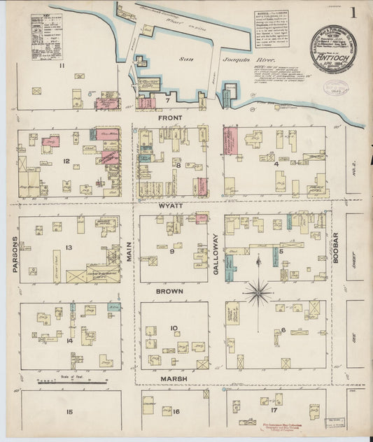 Sanborn Fire Insurance Map from Antioch, Contra Costa County, California (1884), Sheet #0001 - Historic Sanborn Fire Insurance Map Print, vintage old map wall art, antique decor, genealogy gift, California California map