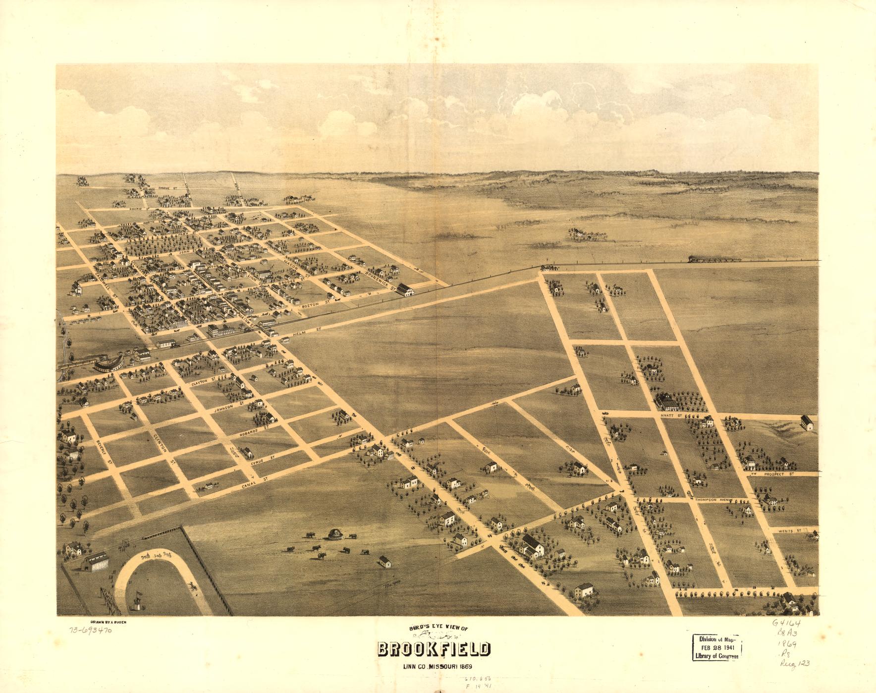 Bird's eye view of Brookfield, Linn Co., Missouri 1869. (1869) – Historic Bird’s-Eye View Panorama Print