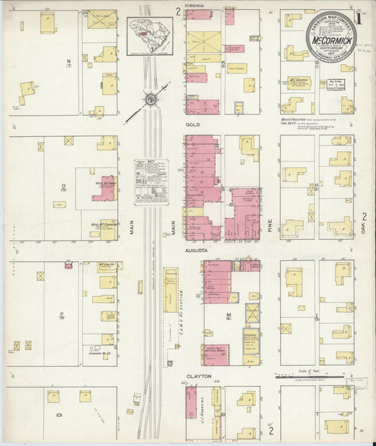 Sanborn Fire Insurance Map from McCormick, McCormick County, South Carolina (1917), Sheet #0001 - Complete Map Set gallery image, historic Sanborn map, vintage wall art, South Carolina South Carolina