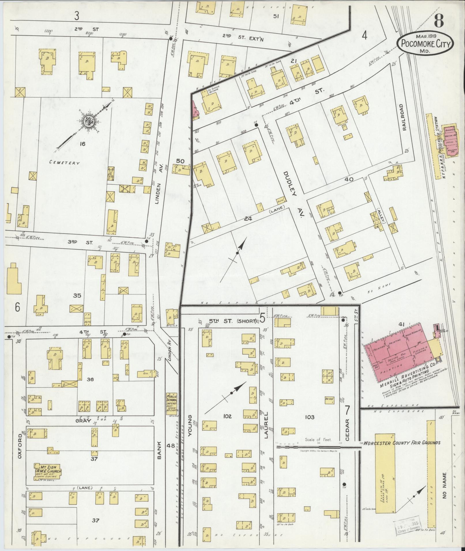 Sanborn Fire Insurance Map from Pocomoke City, Worcester County, Maryland (1919), Sheet #0008 - Historic Sanborn Fire Insurance Map Print, vintage old map wall art
