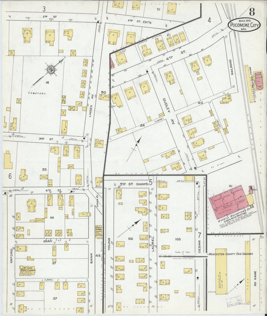 Sanborn Fire Insurance Map from Pocomoke City, Worcester County, Maryland (1919), Sheet #0008 - Historic Sanborn Fire Insurance Map Print, vintage old map wall art
