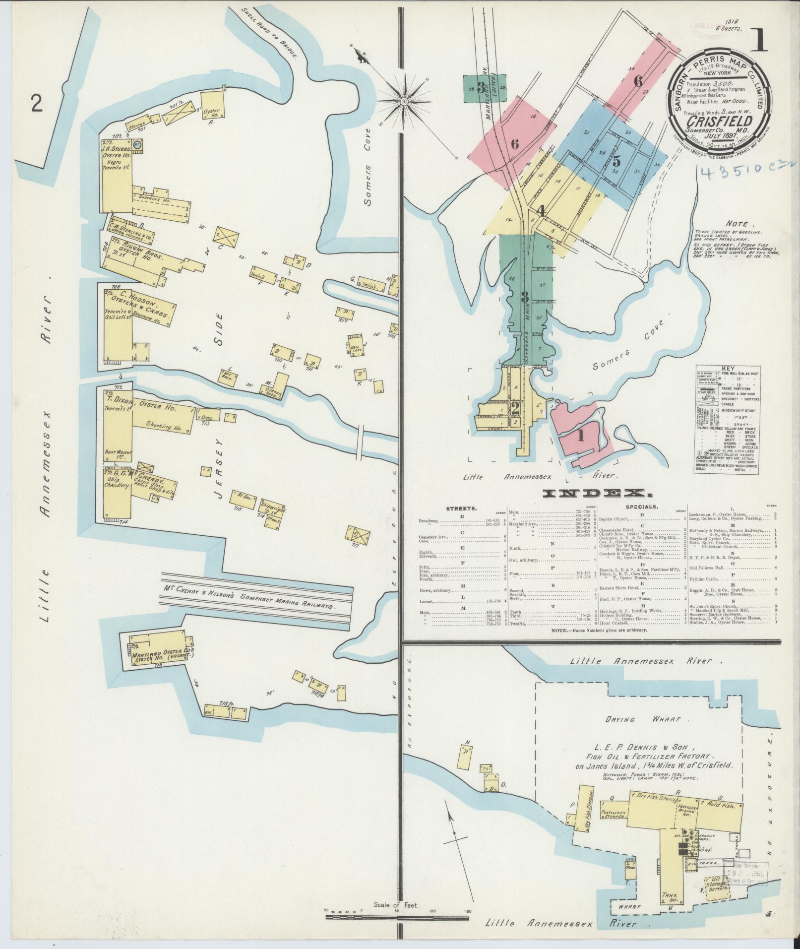 Sanborn Fire Insurance Map from Crisfield, Somerset County, Maryland (1897), Sheet #0001 - Historic Sanborn Fire Insurance Map Print, vintage old map wall art, antique decor, genealogy gift, Maryland Maryland map