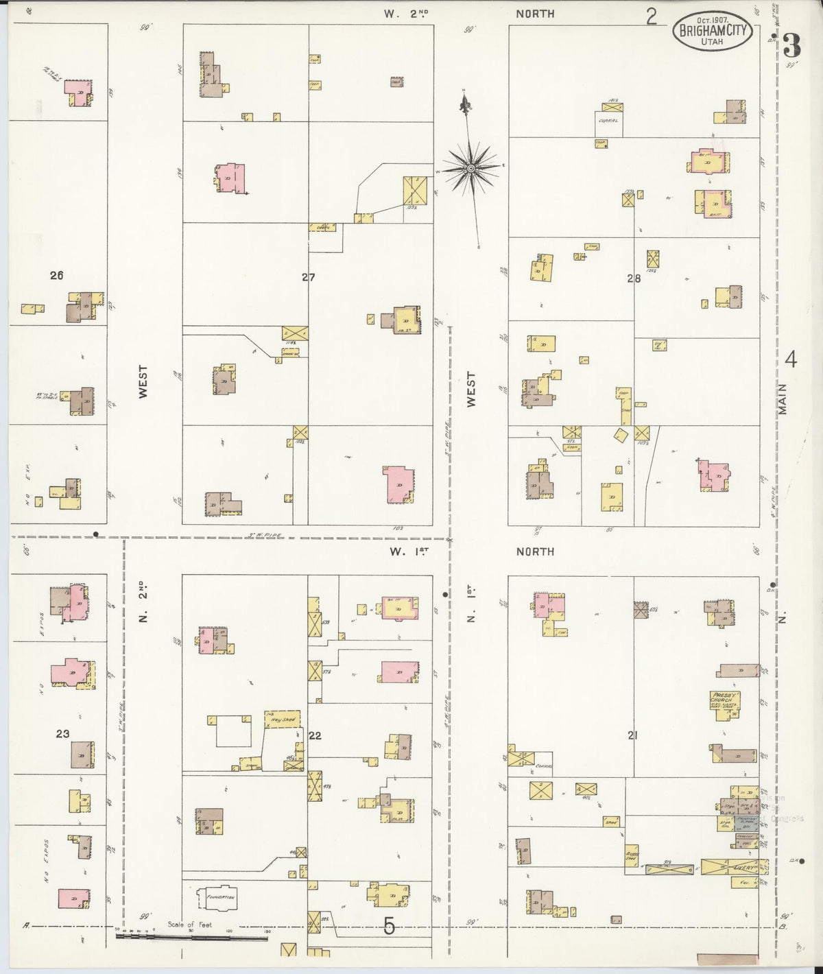 Sanborn Fire Insurance Map from Brigham City, Box Elder County, Utah (1907), Sheet #0003 - Complete Map Set gallery image, historic Sanborn map, vintage wall art, Utah Utah